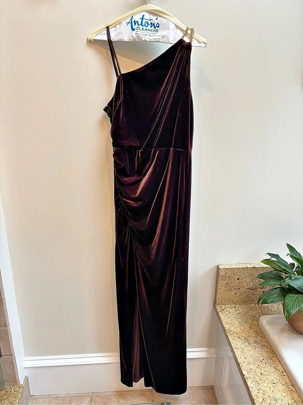 One shoulder brown Velvet Maxi Dress Like New